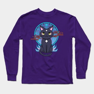 Cute anime black cat illustration with white stars. Cyberpunk manga cat. Long Sleeve T-Shirt